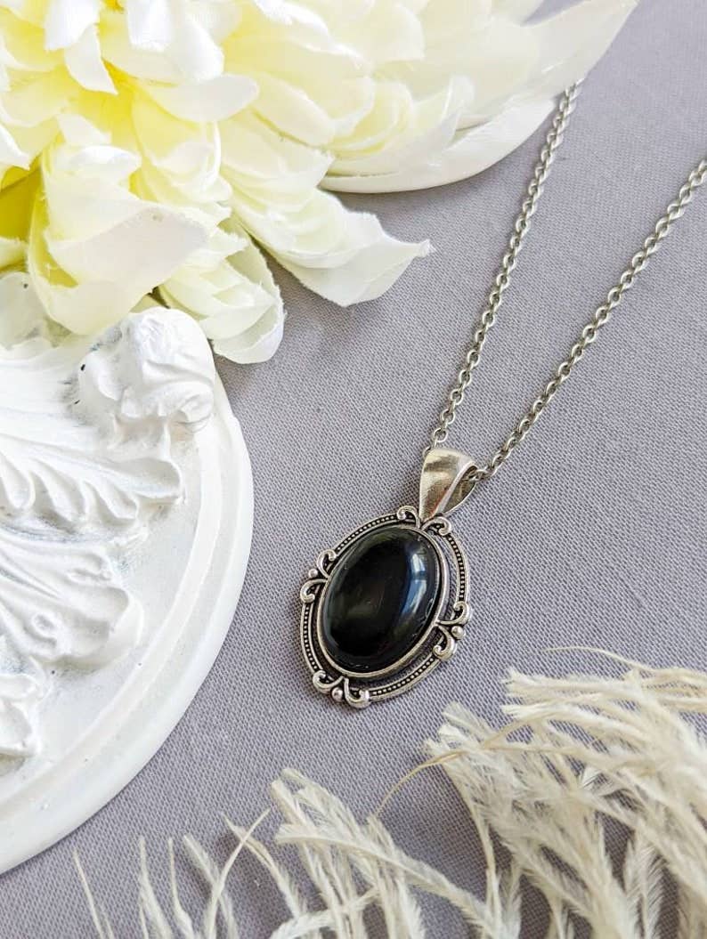 Obsidian Necklace: Antiqued Silver Gothic Pendant, Black Gemstone Jewelry