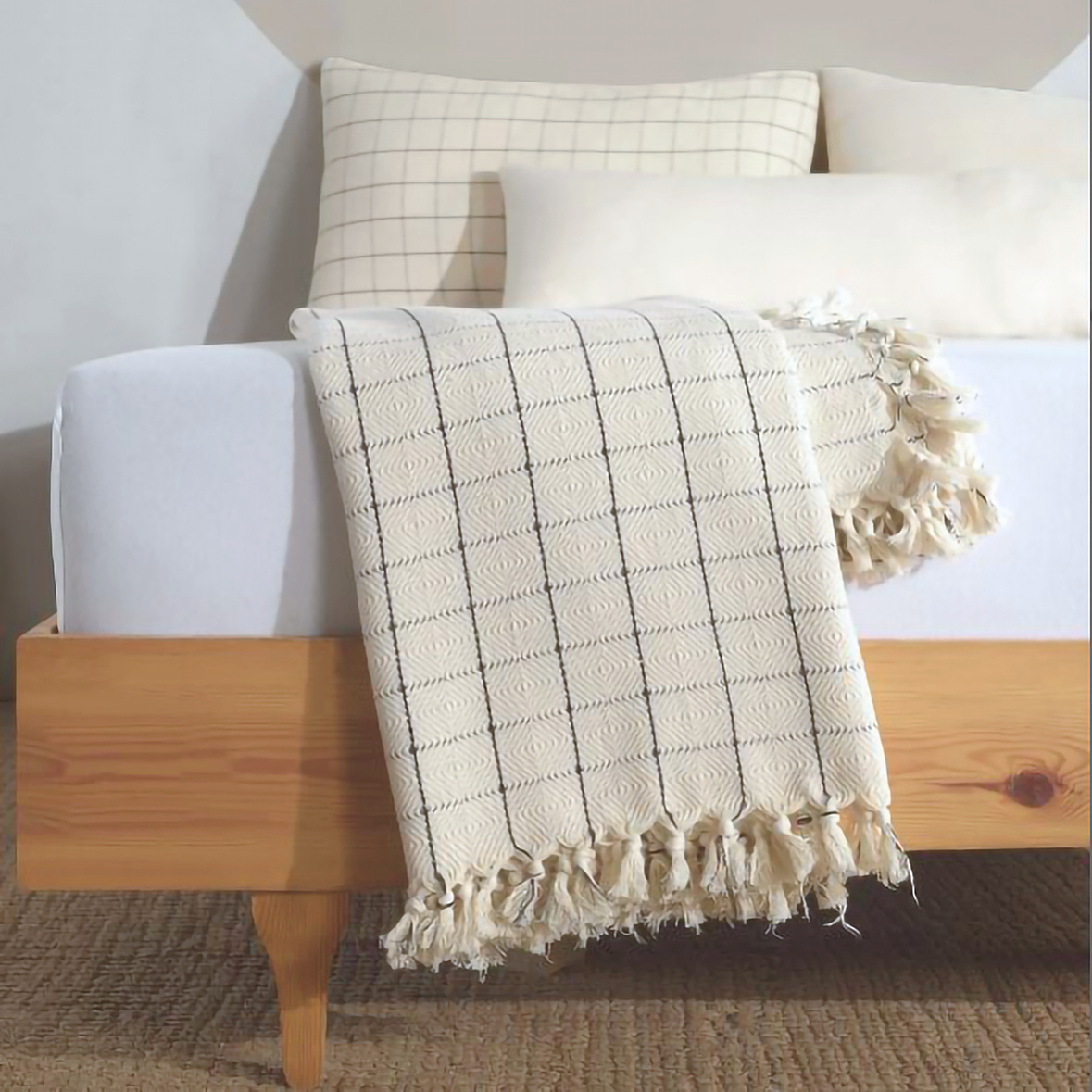 Minimalist 100% Cotton Throw Blankets & Bedspreads: Cream Checkered