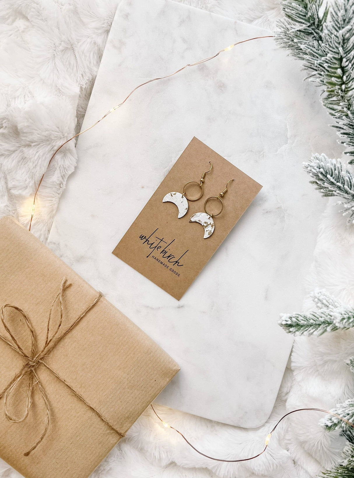 White & Gold Fleck Leather Moon & Brass Ring Earrings