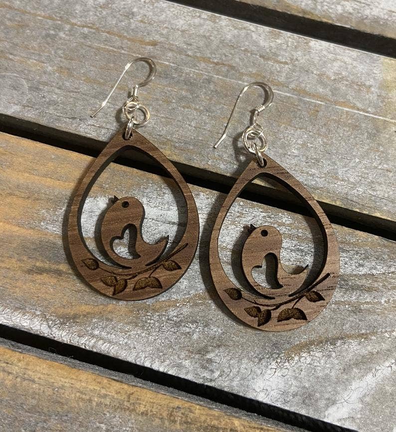 Walnut Wood Earrings - Chickadee Bird