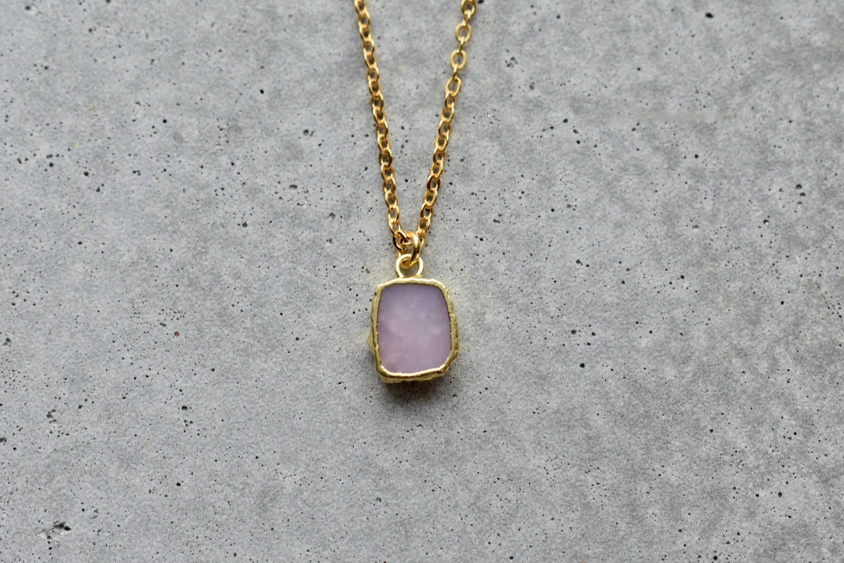 Pink Opal Tiny Rectangle Gold Necklace