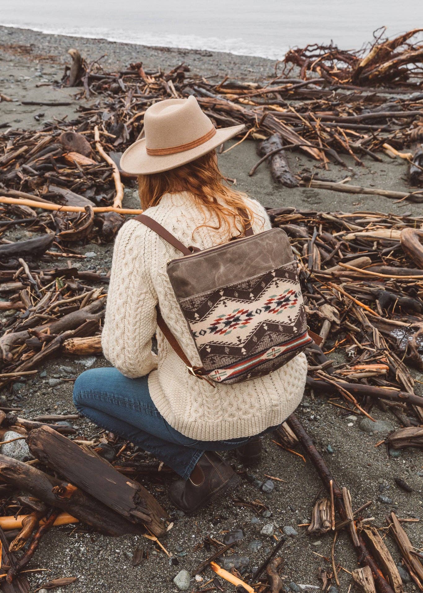 Western Boho Chic Waxed Canvas Backpack - w/ Pendleton Wool