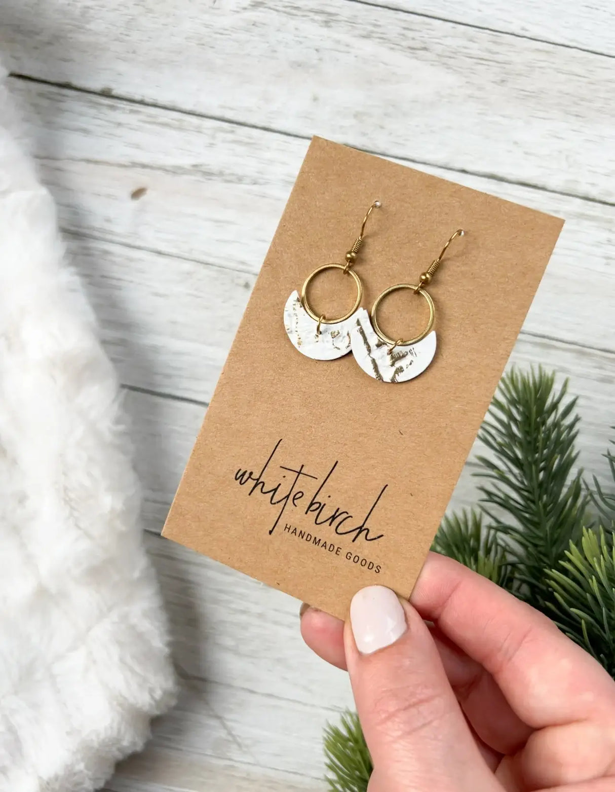 White and Gold Fleck Leather Small Crescent & Brass Ring Earrings