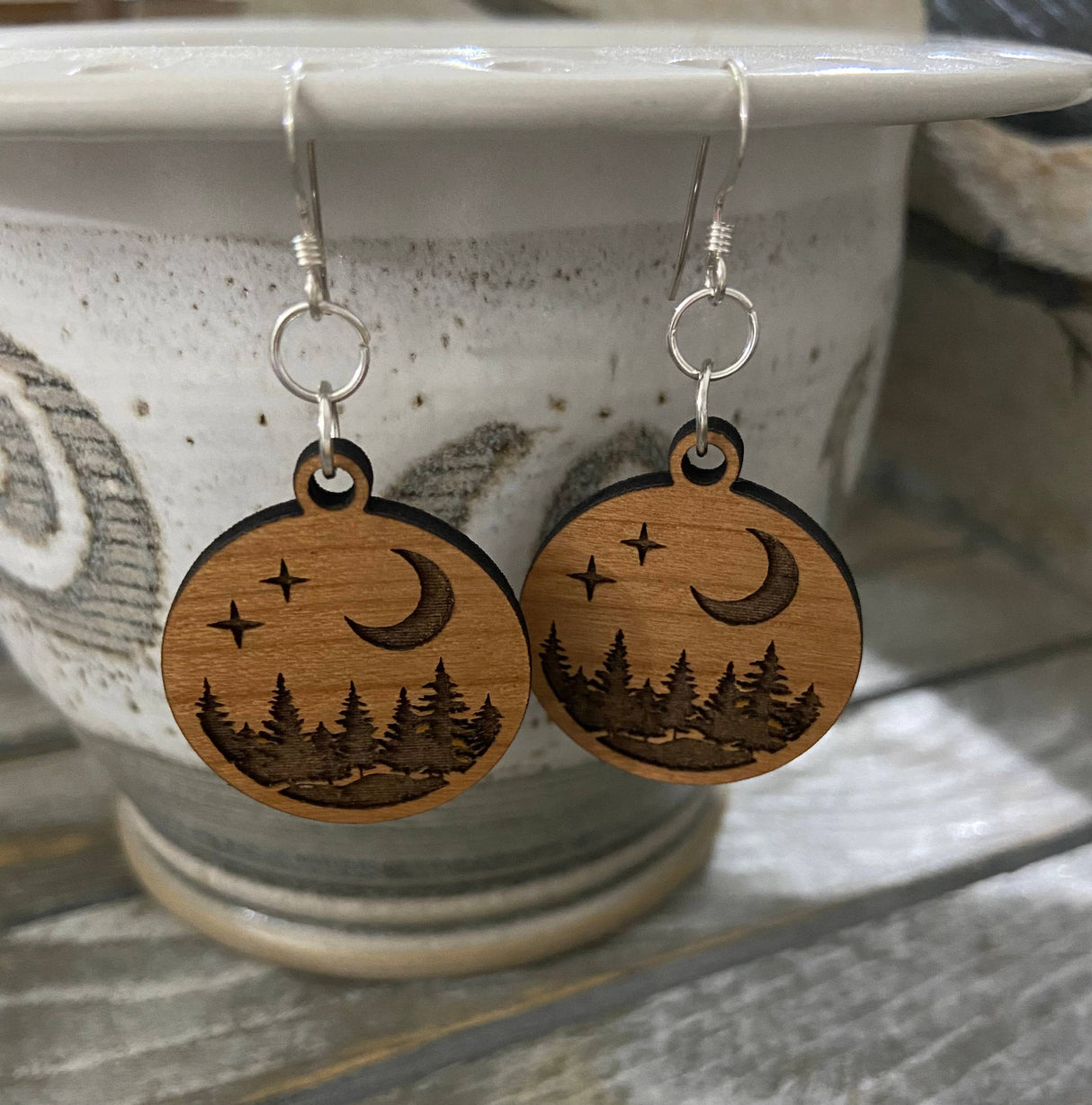 Cherry Wood Earrings, Engraved Trees with Moon/Stars