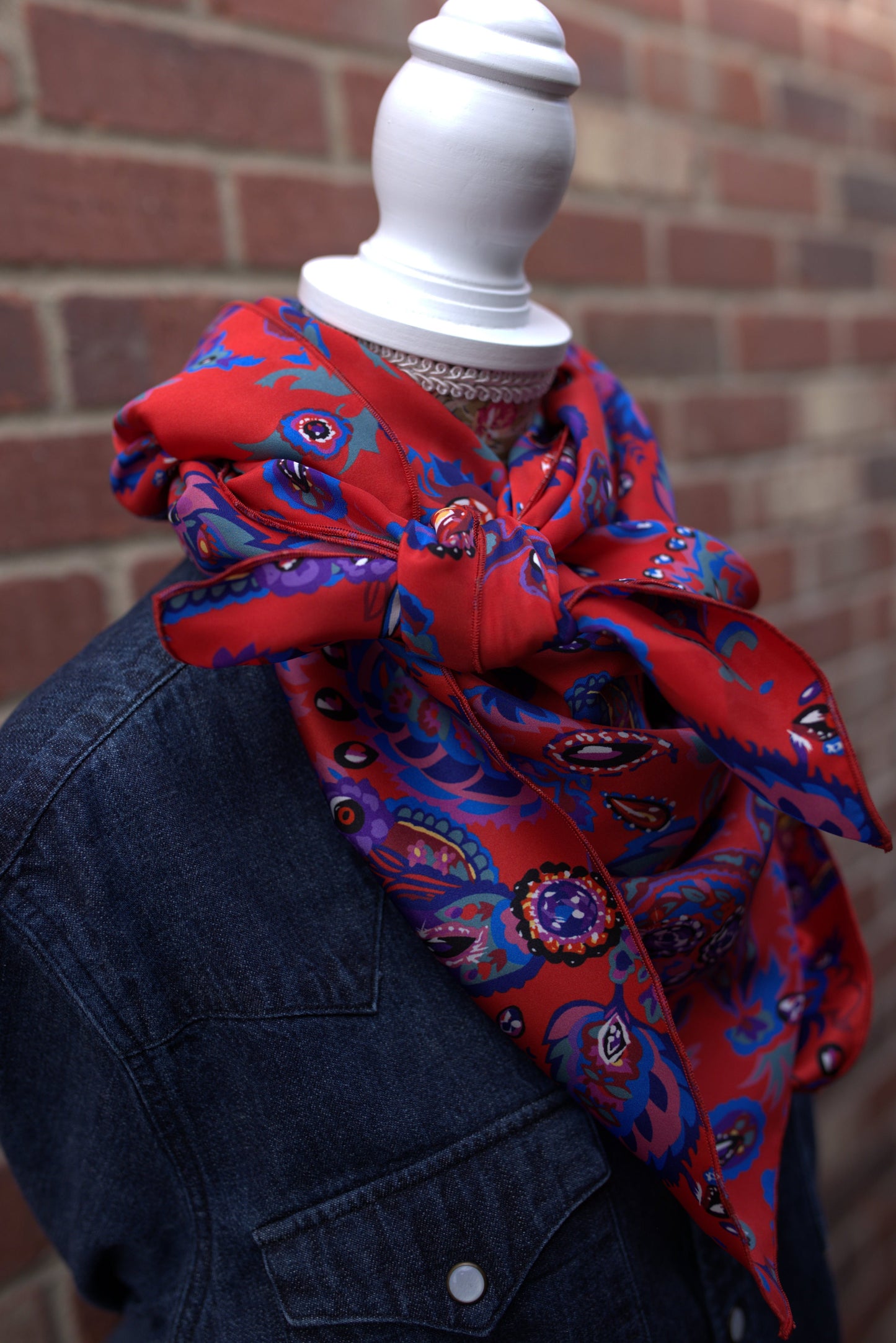 Wild Rag/Silk Scarf - Brick Red with Navy Accents Pattern