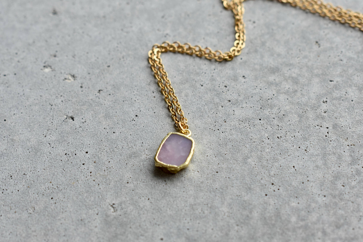 Pink Opal Tiny Rectangle Gold Necklace
