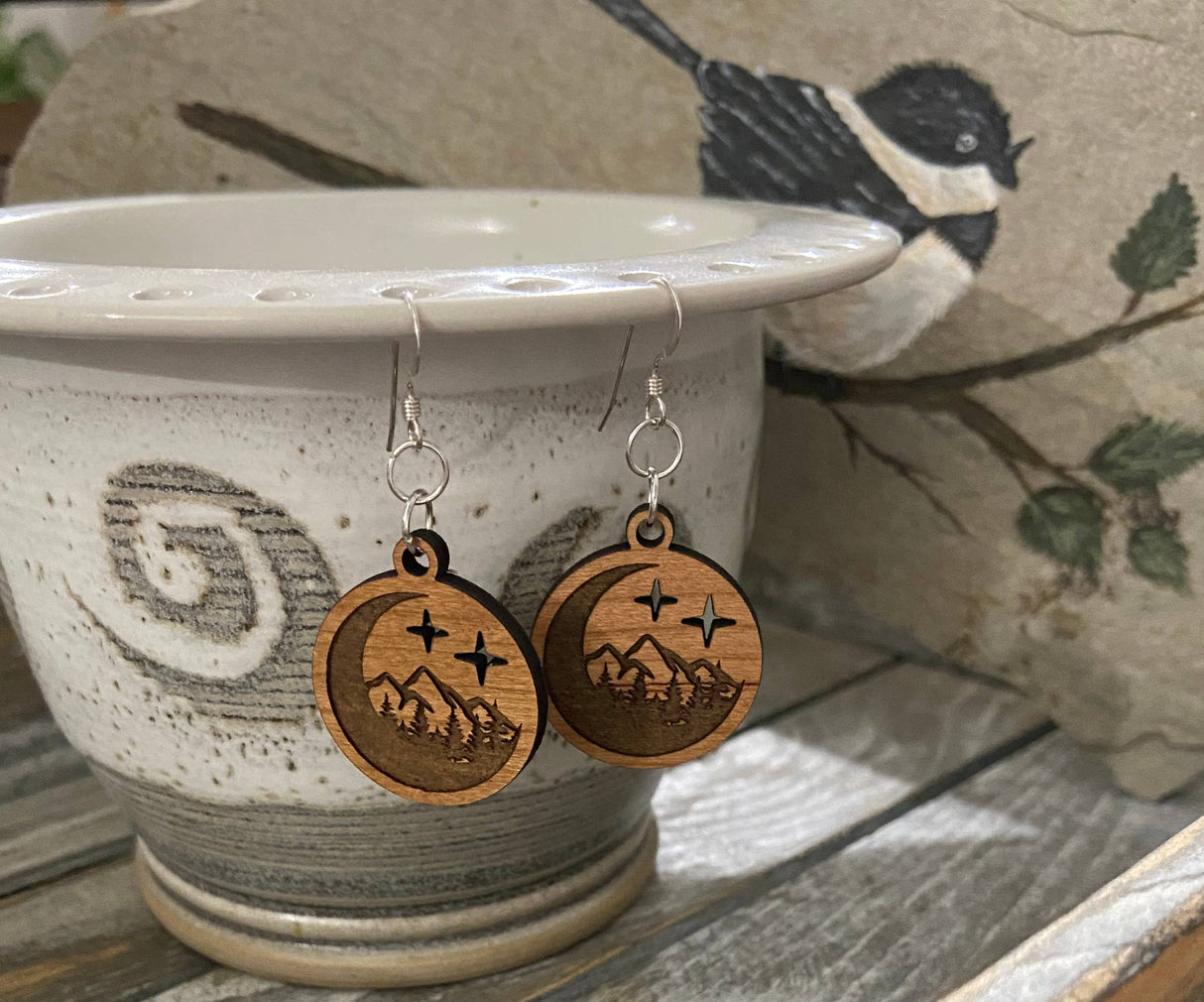 Cherry Wood Earrings, Engraved Moon/Mountain with Cutout Stars