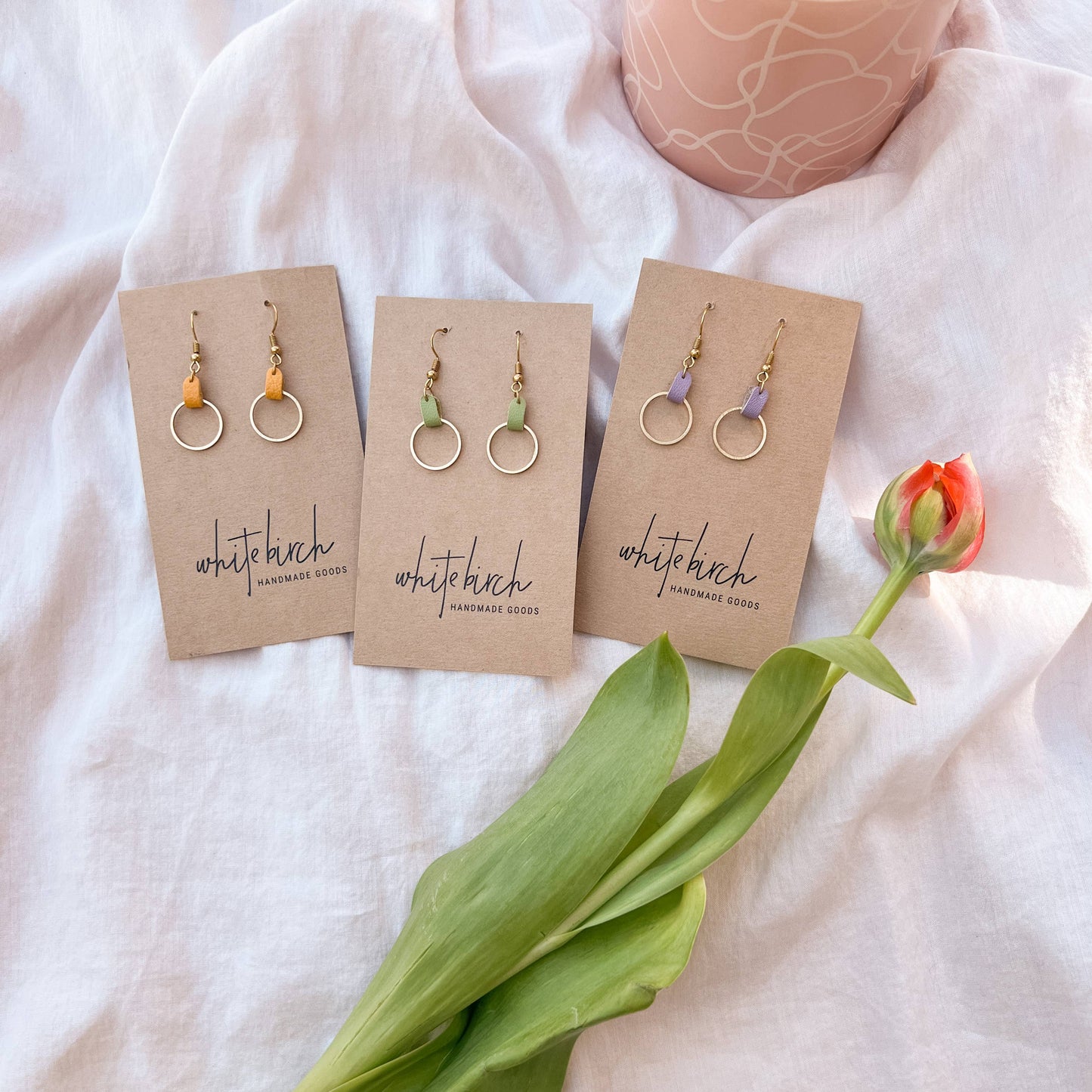 Lilac Leather & Small Brass Circle Earrings