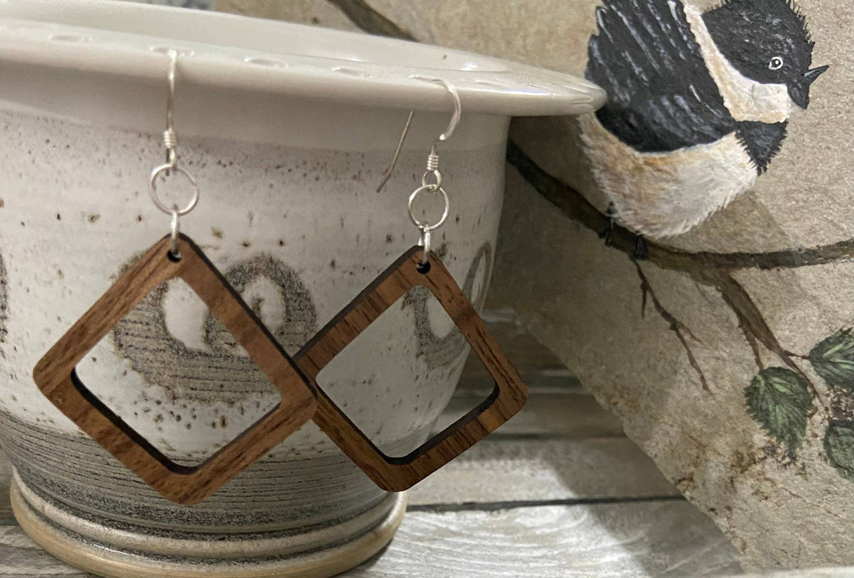Walnut Wood Earrings - Open Square