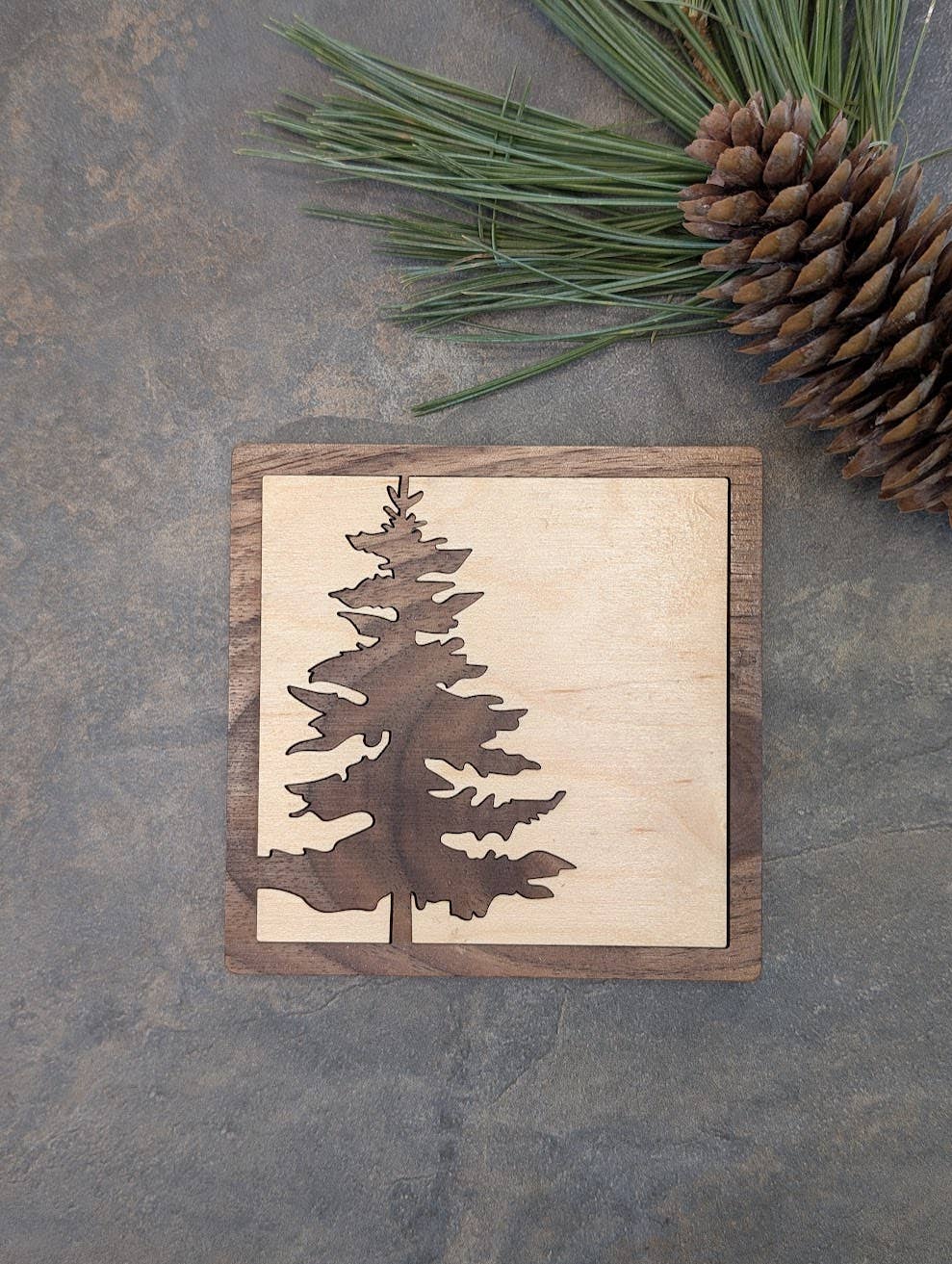 Pine Tree Inlay Wood Coaster - Made in Canada