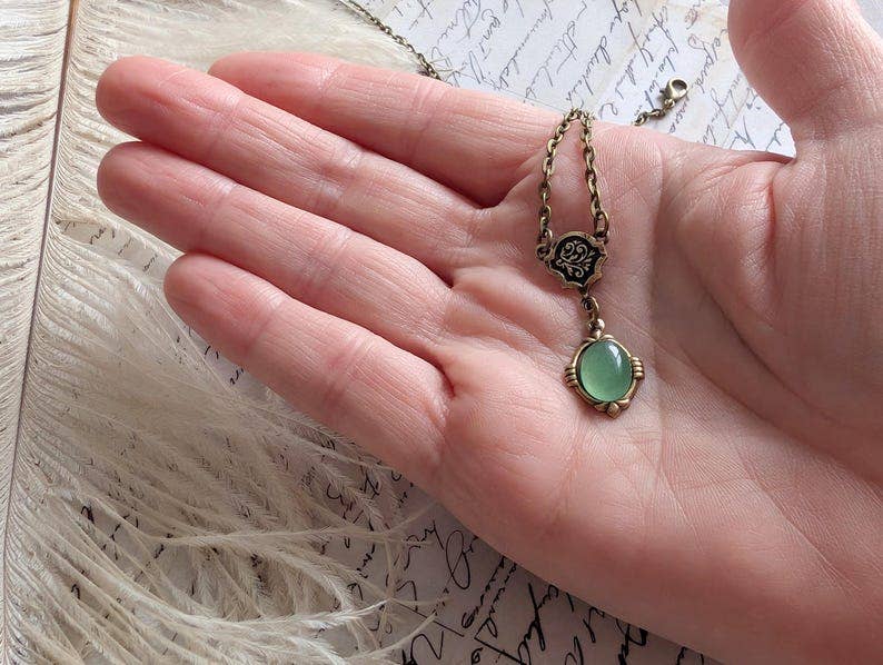 Aventurine Necklace | Vintage Brass Pendant