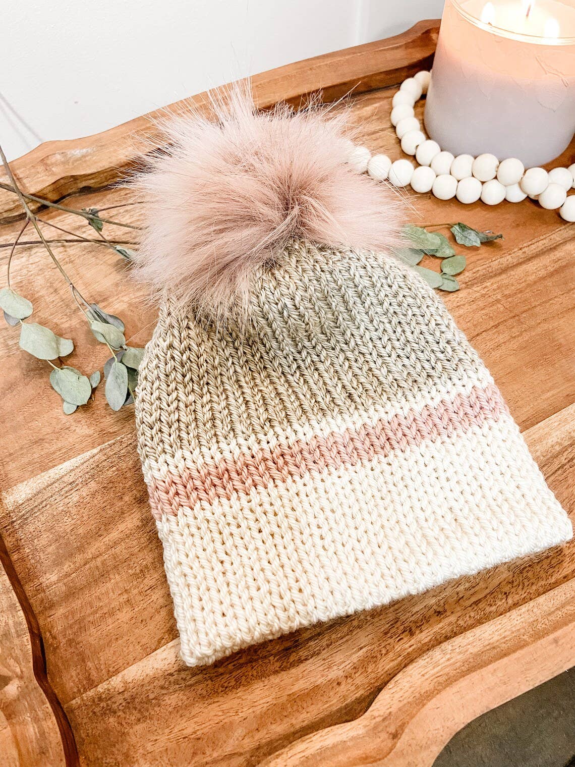 Cream & Pink Striped Toddler Knit Toque