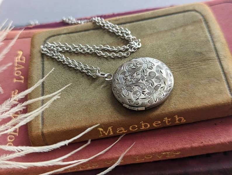 Silver Floral Locket Necklace | Round Photo Keepsake, Handmade