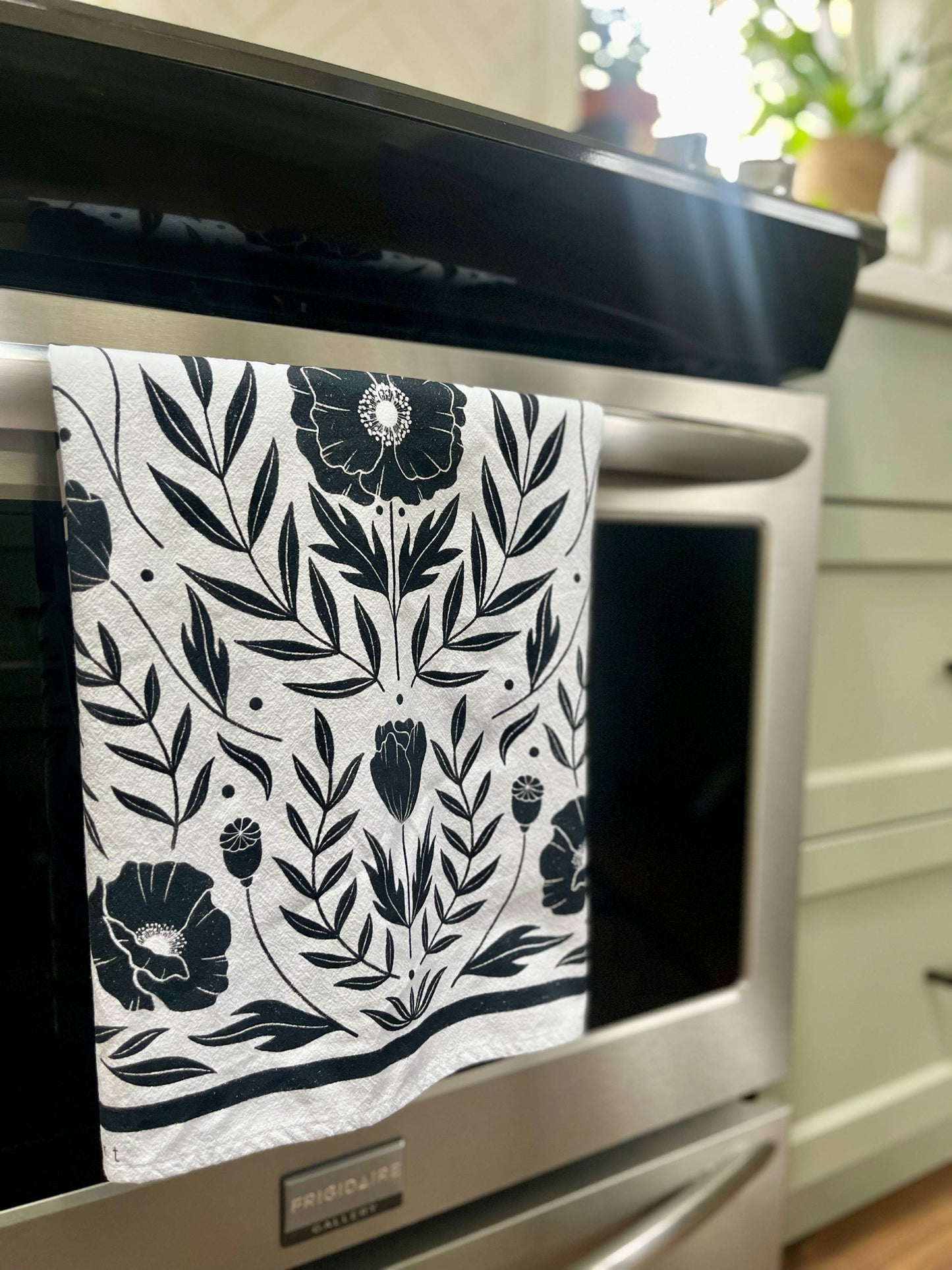 Black Floral Flour Sack Towel | Black Poppy Tea Towel
