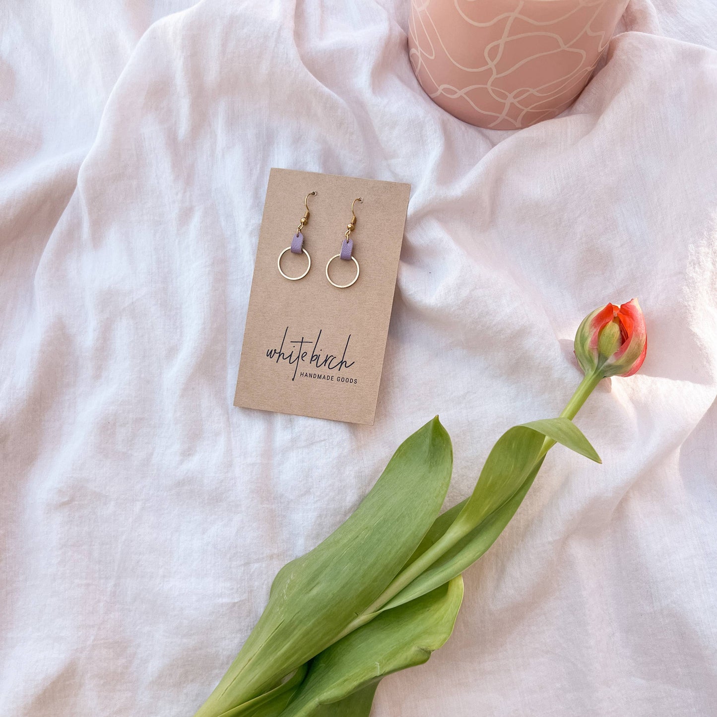 Lilac Leather & Small Brass Circle Earrings