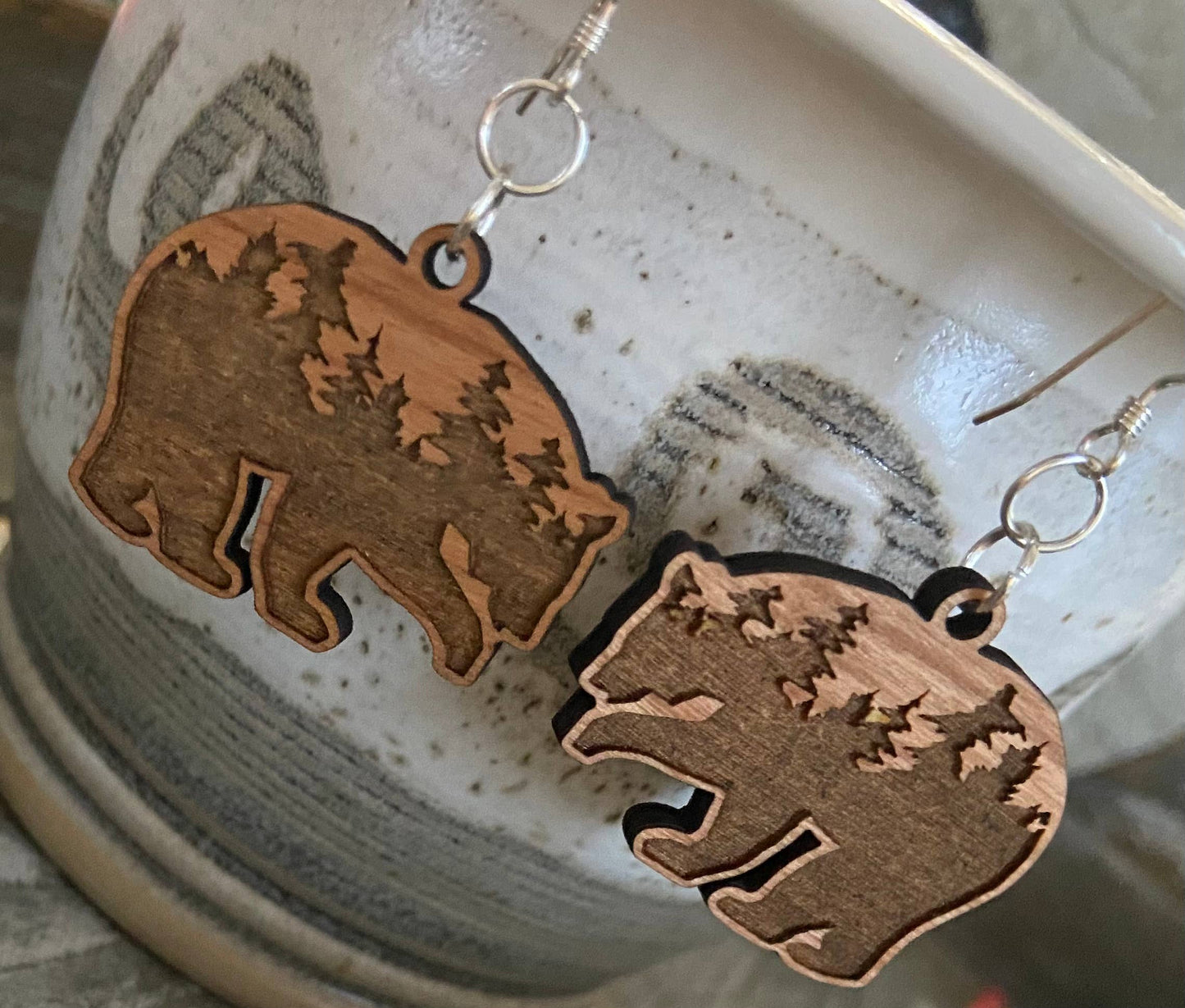 Cherry Wood Earrings, Engraved Trees in Bear Shape