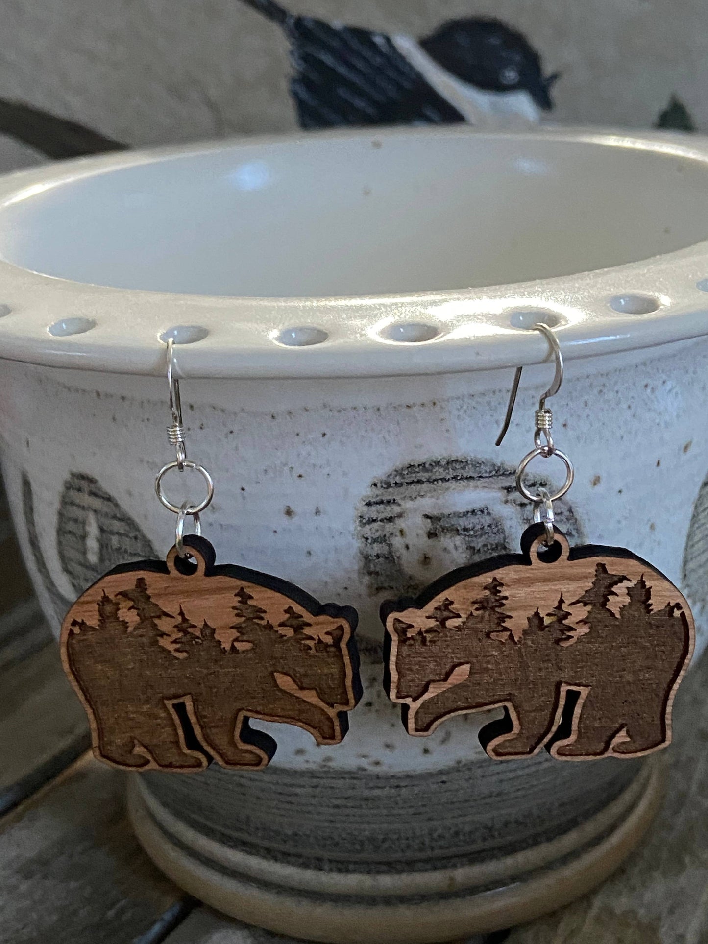 Cherry Wood Earrings, Engraved Trees in Bear Shape
