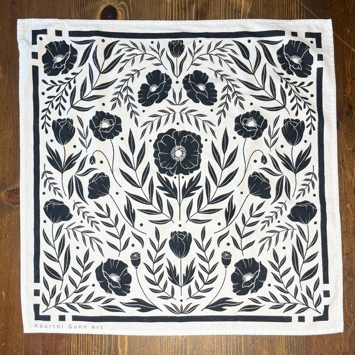 Black Floral Flour Sack Towel | Black Poppy Tea Towel