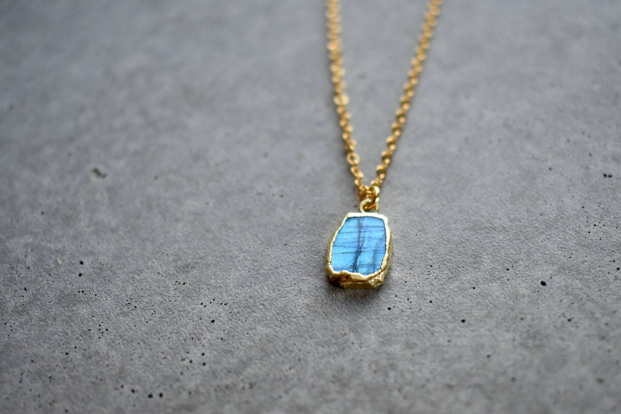 Labradorite Tiny Rectangle Gold Necklace