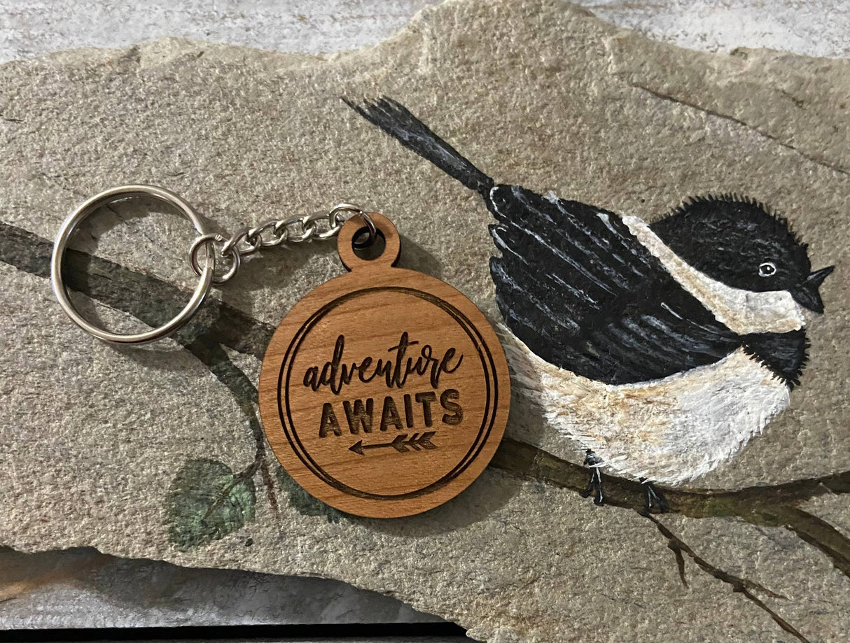 Wooden keychain - "Adventure Awaits"