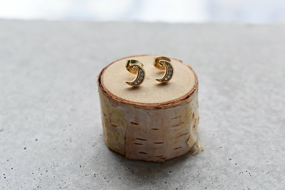 Gold Crystal Moon Stud Earrings