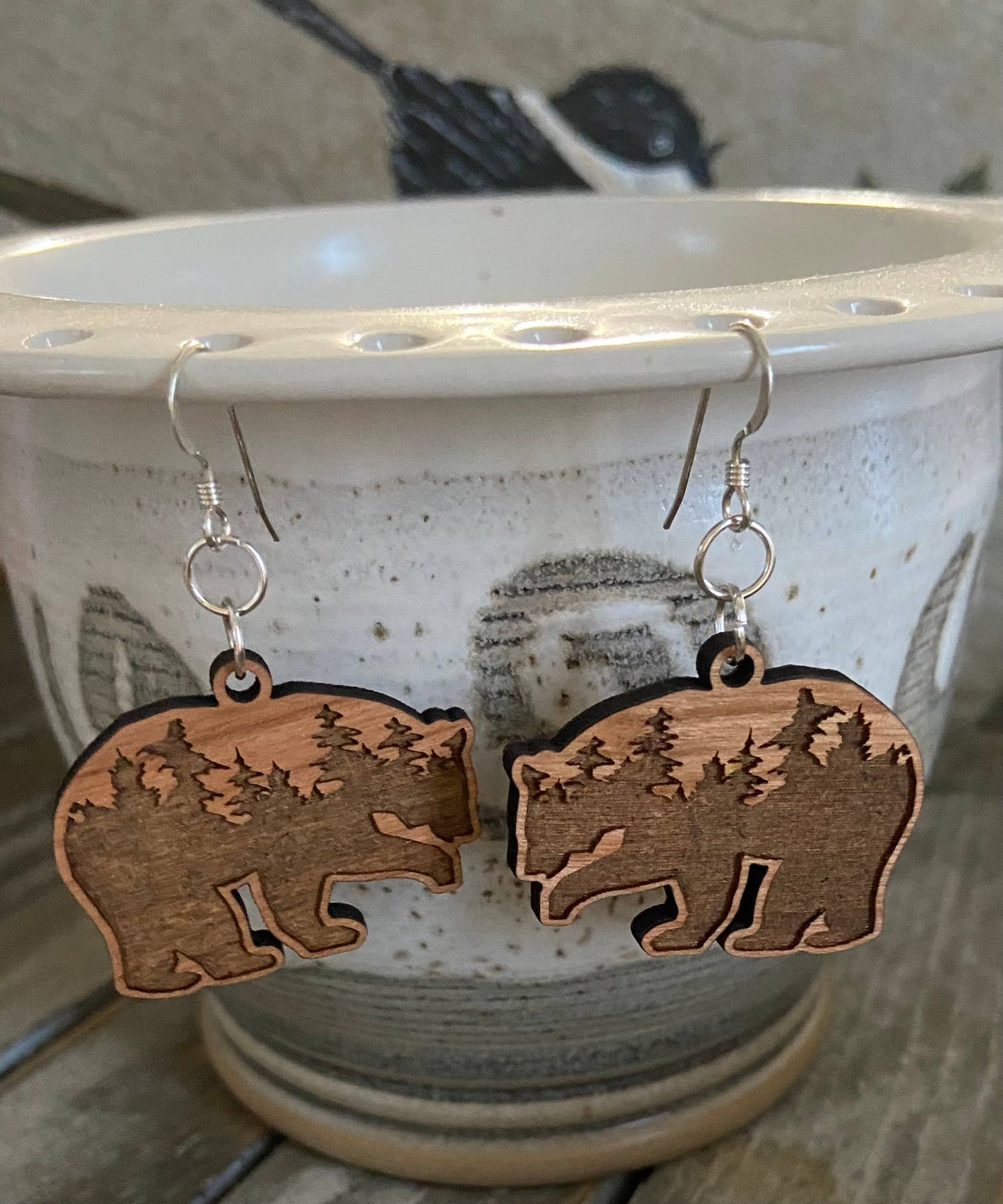 Cherry Wood Earrings, Engraved Trees in Bear Shape