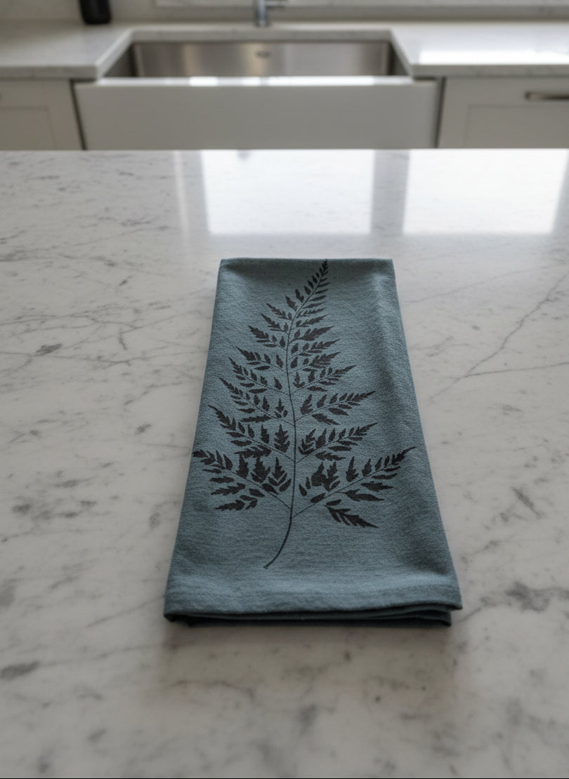 Leafy Fern Linen Tea Towel-Forest Green