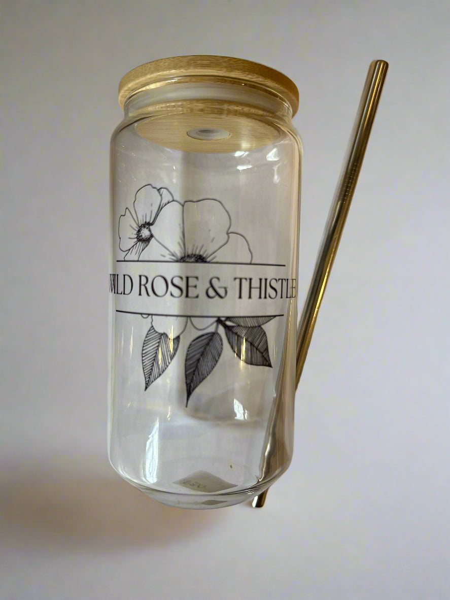 Wild Rose & Thistle Glass Can with a Bamboo Lid