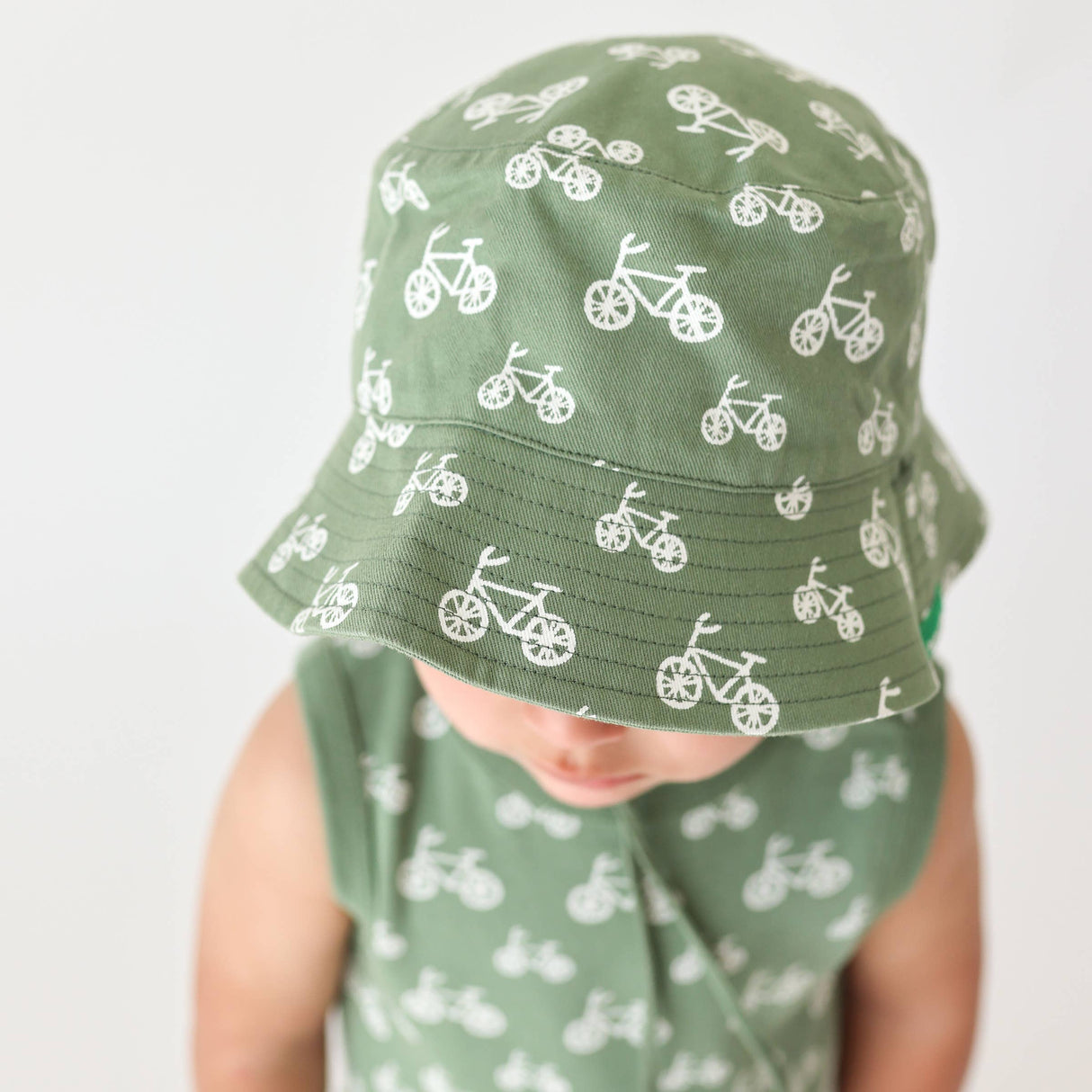 Reversible Organic Cotton Bucket Hats: Bikes and Camper Green