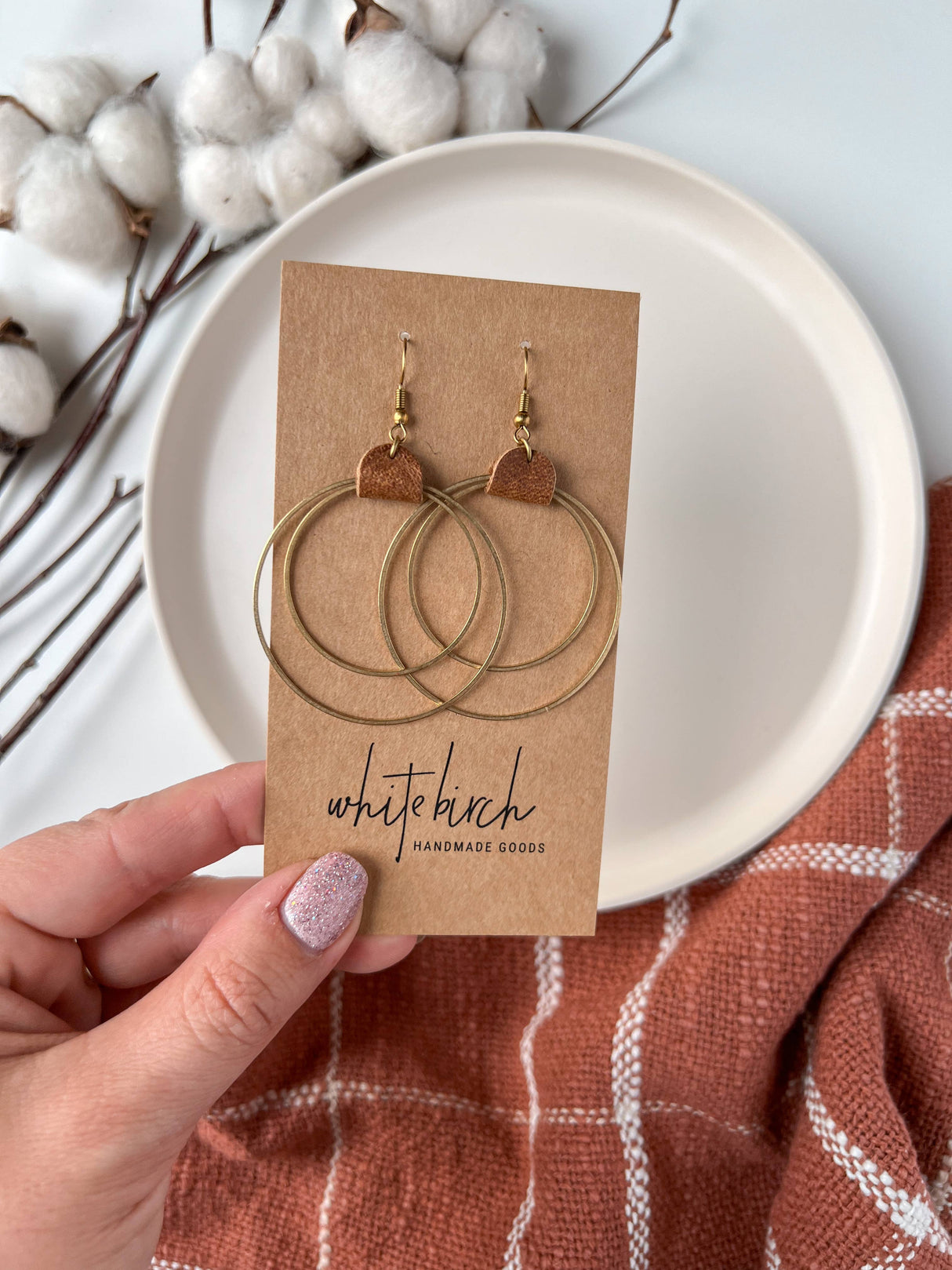 Distressed Brown Leather & Brass Circles Earrings