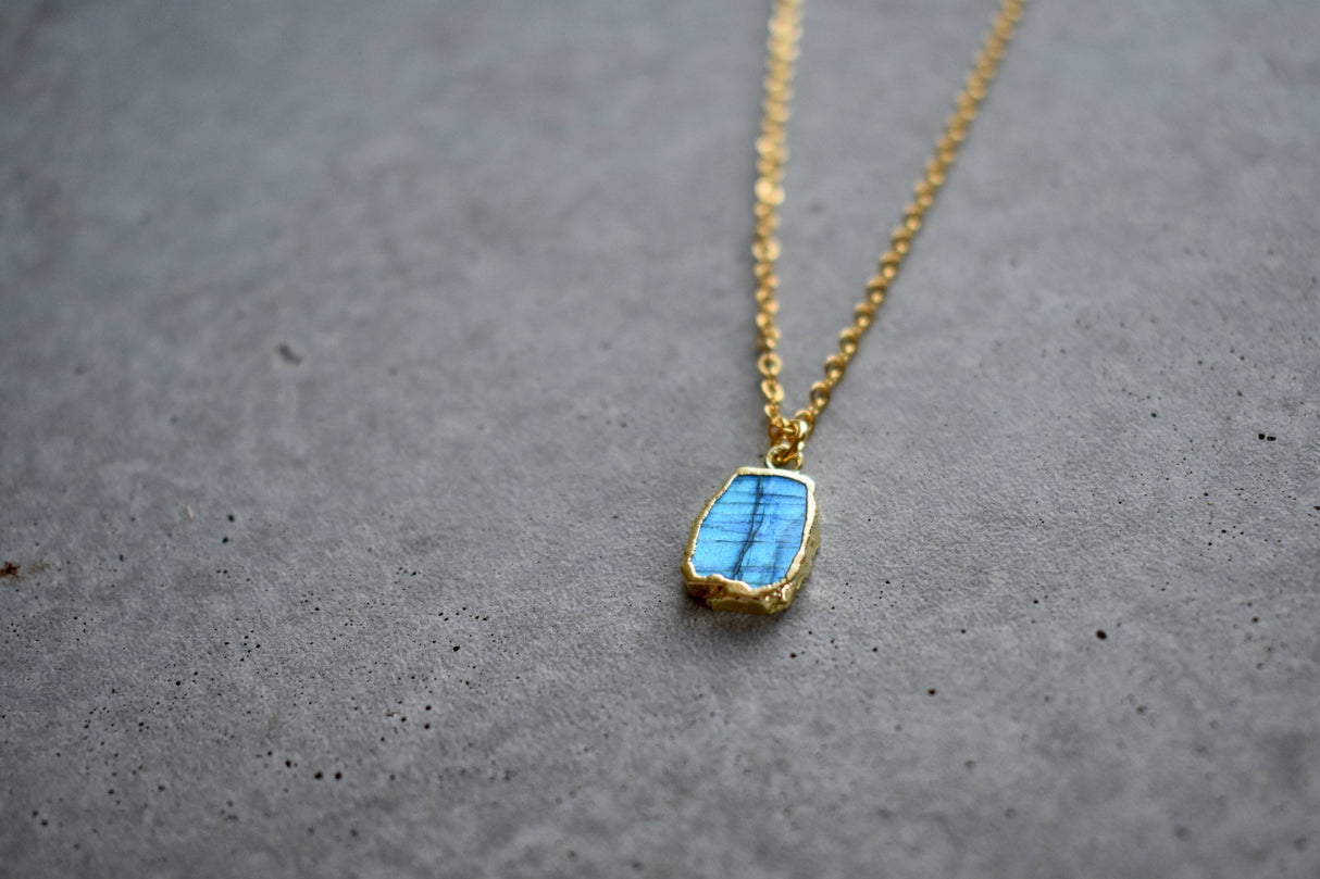 Labradorite Tiny Rectangle Gold Necklace