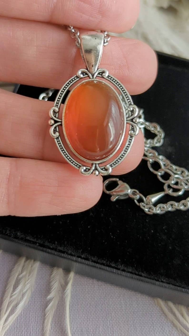 Red Carnelian Necklace, Vintage Silver Pendant, Natural Crystal Jewelry