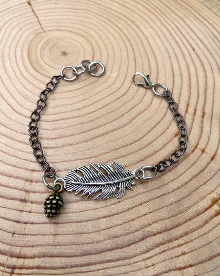 Feather + Pine Cone Mixed Metal Bracelet