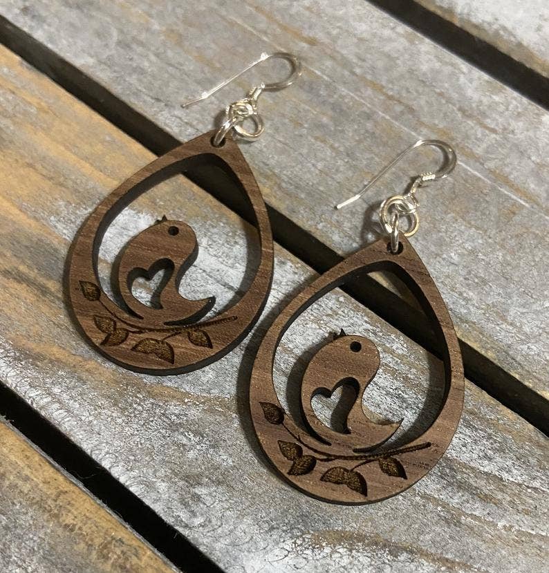 Walnut Wood Earrings - Chickadee Bird