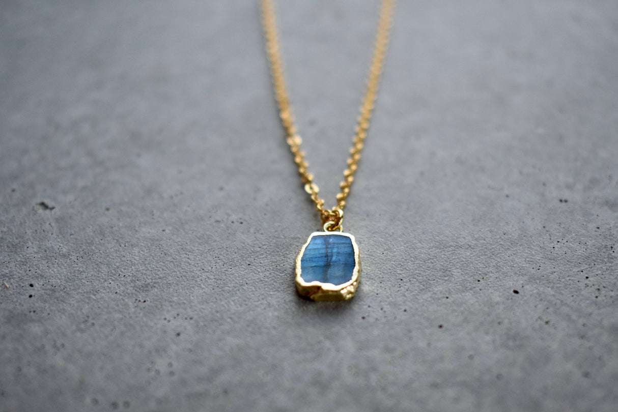 Labradorite Tiny Rectangle Gold Necklace