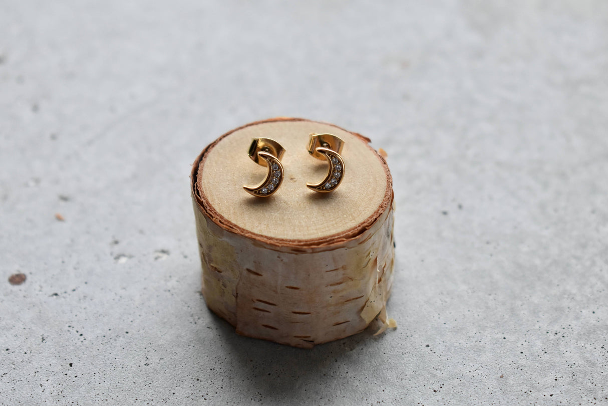 Gold Crystal Moon Stud Earrings