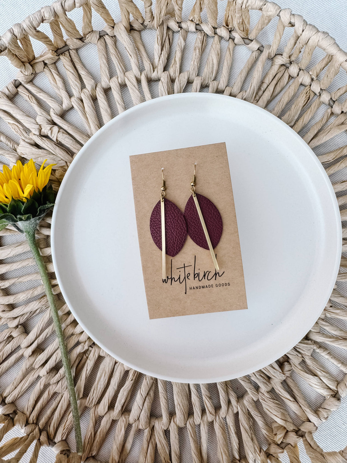 Burgundy Leather Petal and Brass Bar Earrings: Raw Brass
