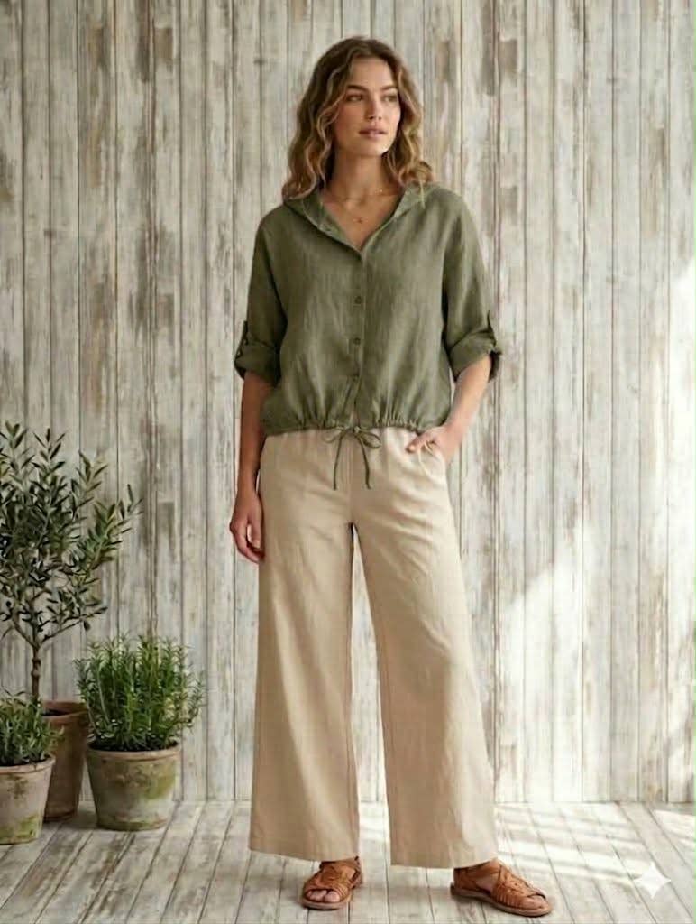 Linen Hooded Button Top