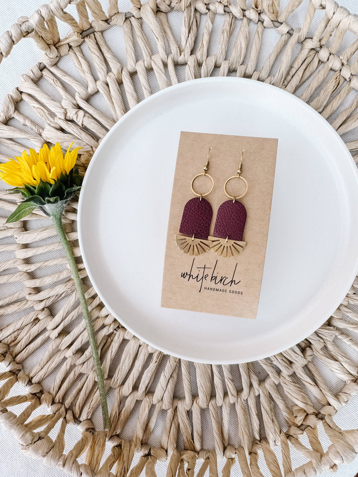 Leather & Brass Sunburst Geometric Earrings: Raw Brass Hooks