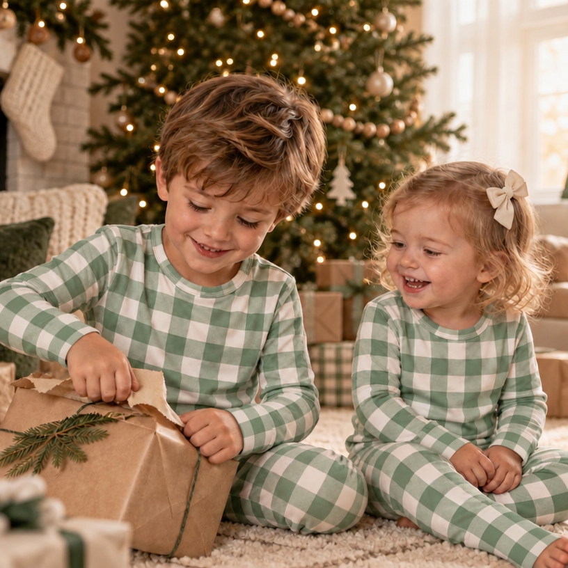 Christmas Checkered Gingham Viscose Bamboo Two-Piece Pajama