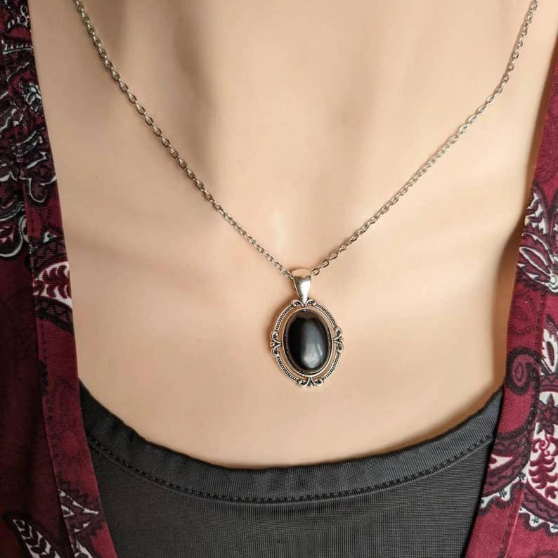 Obsidian Necklace: Antiqued Silver Gothic Pendant, Black Gemstone Jewelry