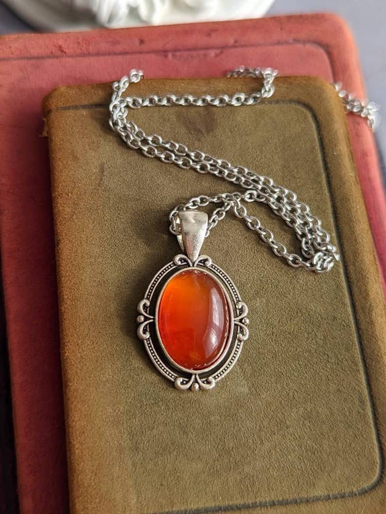 Red Carnelian Necklace, Vintage Silver Pendant, Natural Crystal Jewelry