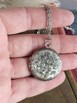Silver Floral Locket Necklace | Round Photo Keepsake, Handmade