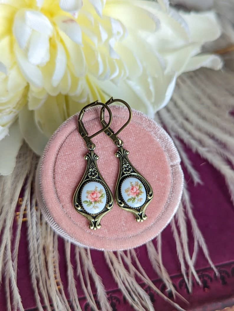 Pink Rose Limoges Earrings: Vintage Style Floral Earrings