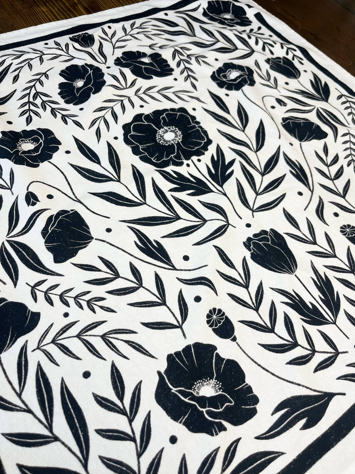 Black Floral Flour Sack Towel  |  Black Poppy Tea Towel