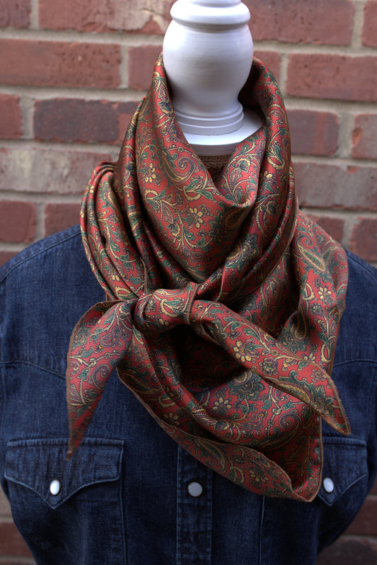 Wild Rag/Silk Scarf - Rusty Red With Soft Accents Pattern