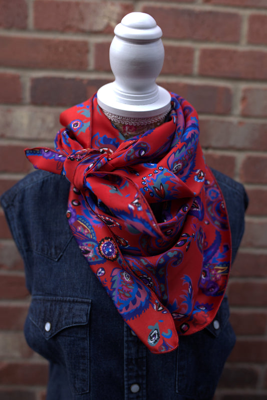 Wild Rag/Silk Scarf - Brick Red with Navy Accents Pattern