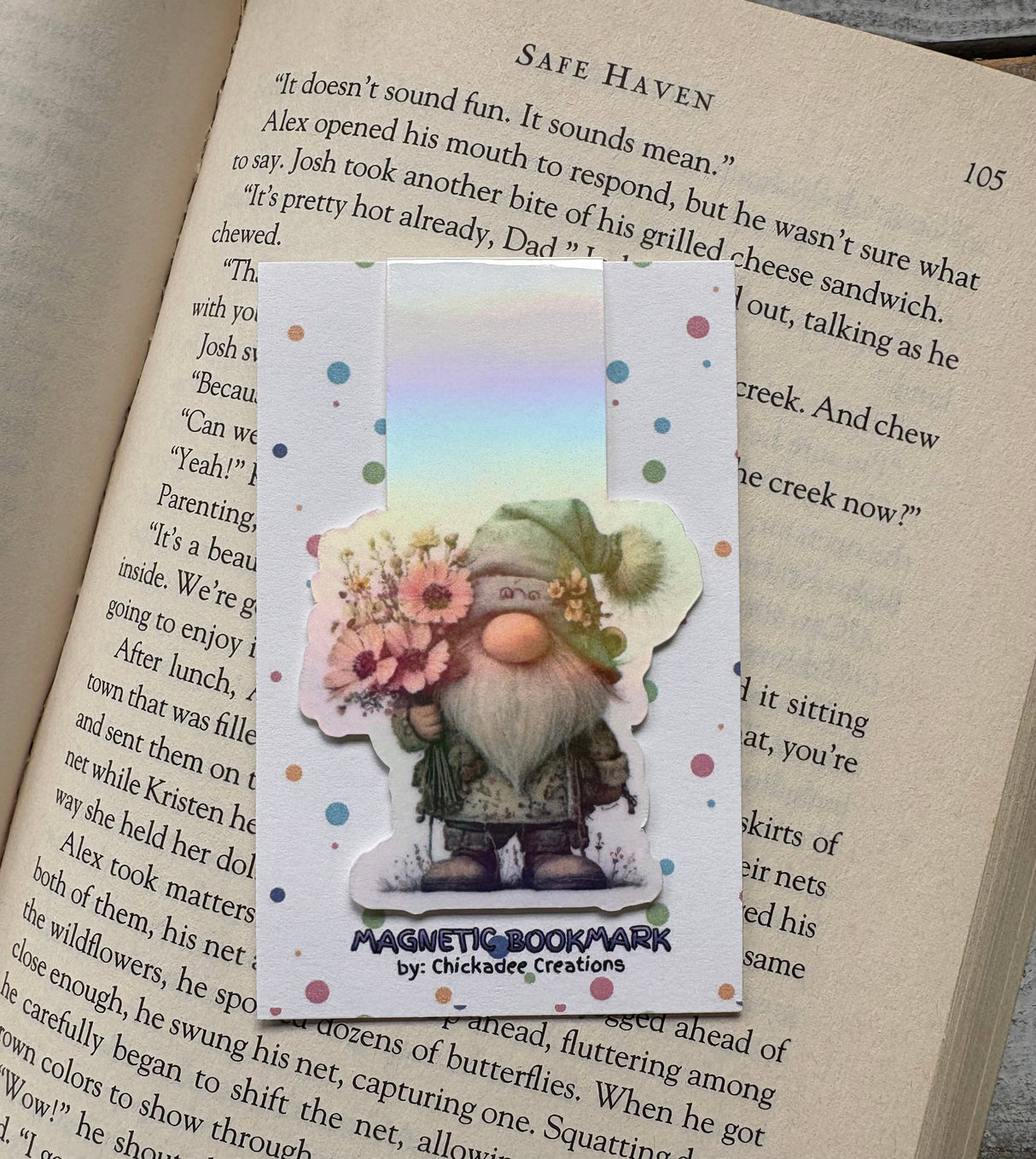 Whimsical gnome holographic magnetic bookmark