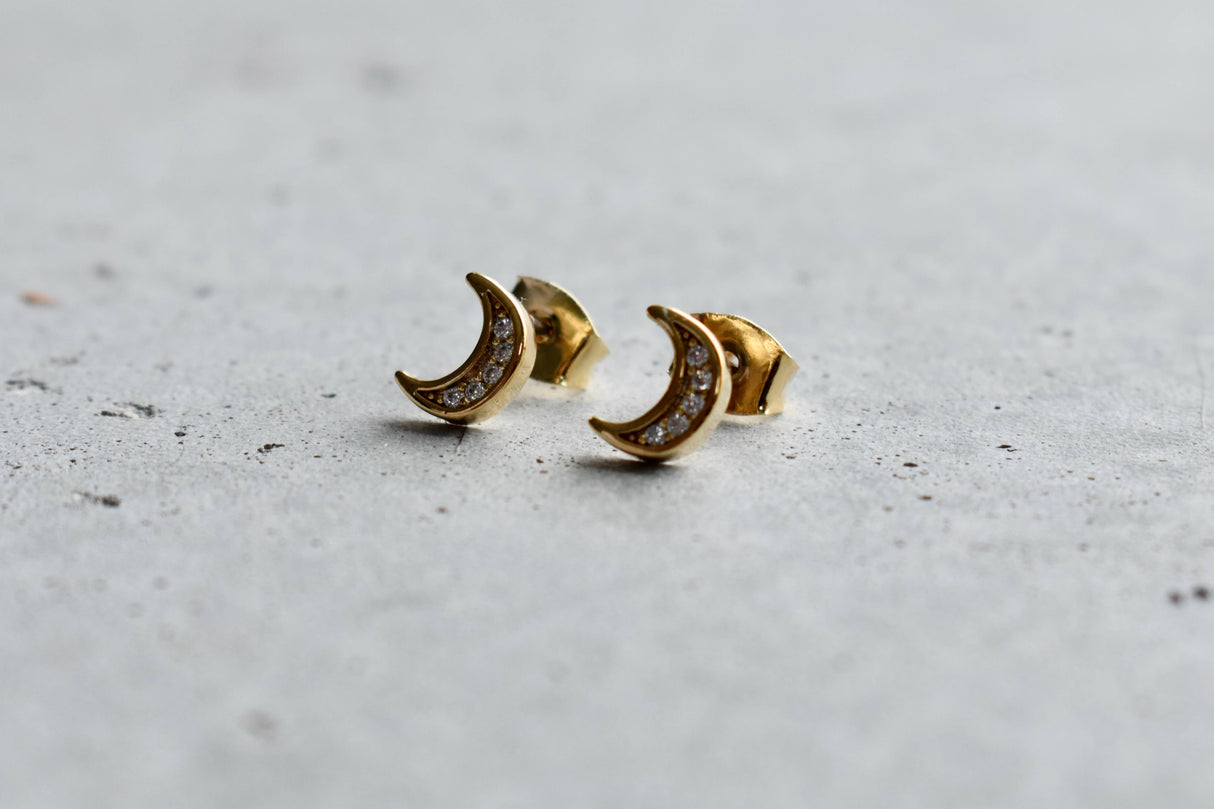 Gold Crystal Moon Stud Earrings