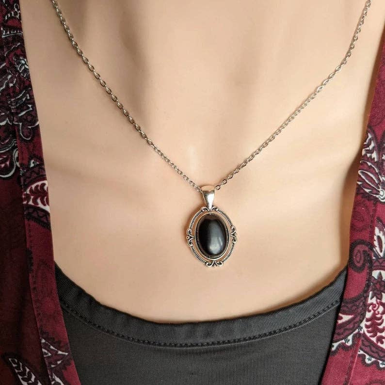 Obsidian Necklace: Antiqued Bronze Pendant, Crystal Jewelry